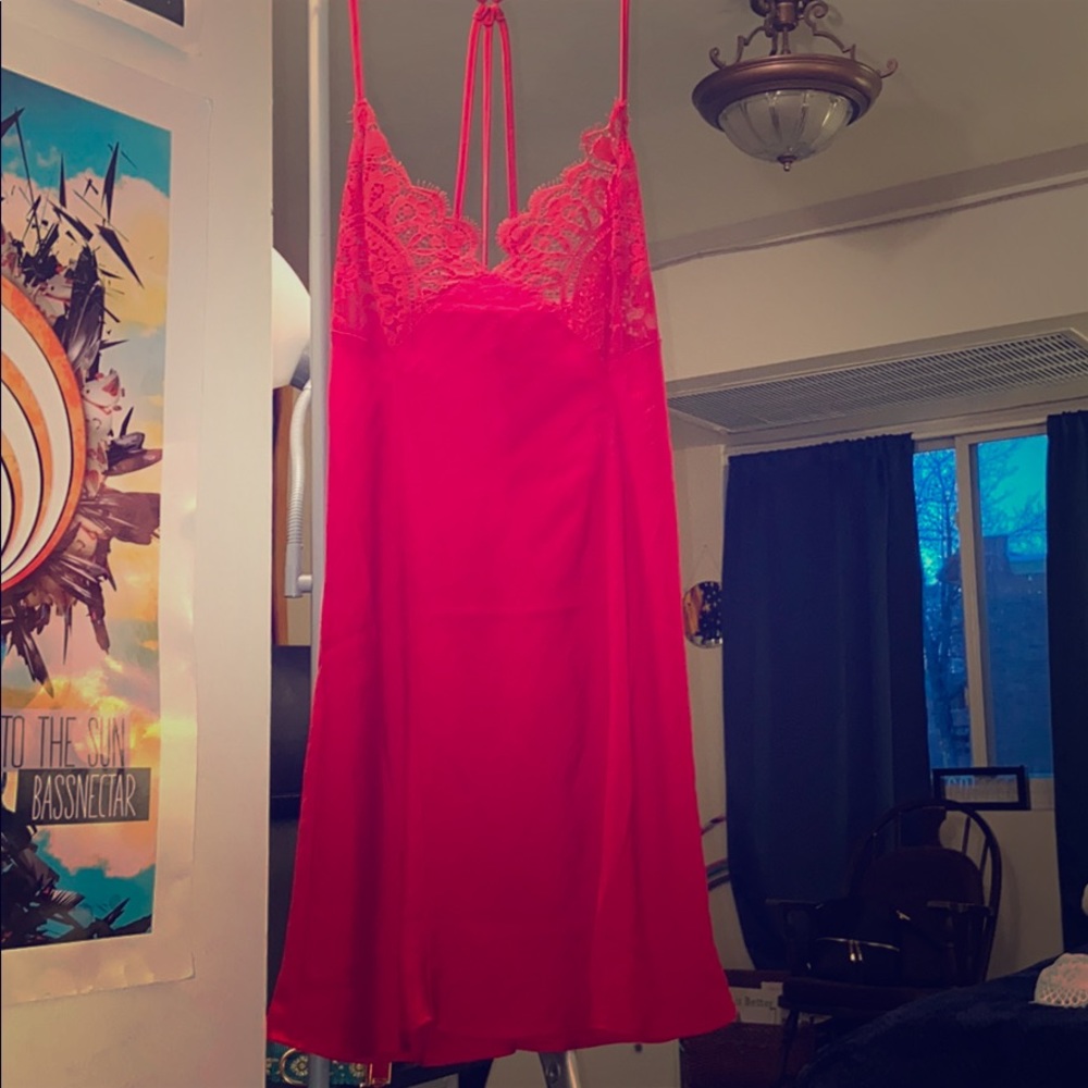 Red lingerie dress with white lace robe